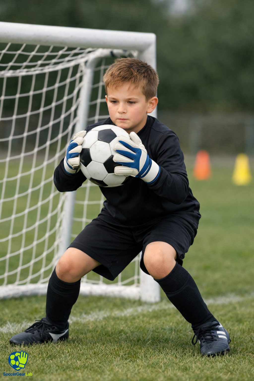young goalkeeper wearing youth goalie gloves holding a soccer ball