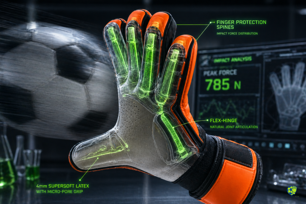 High-tech youth goalie glove with finger protection spine technology and flex-hinge design shown in sports science x-ray style”