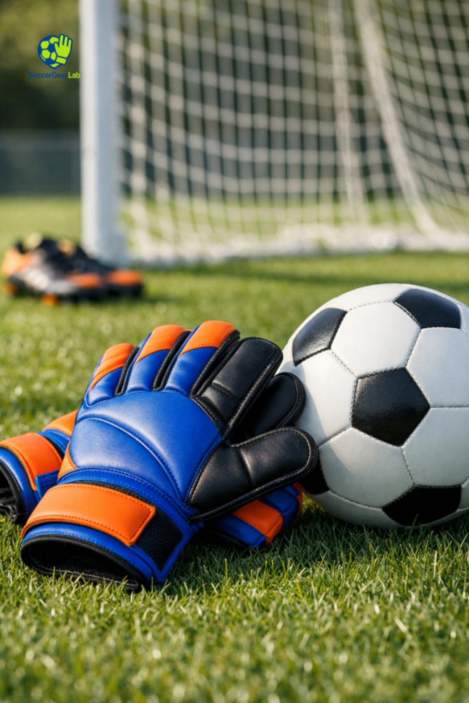 Current image: Ai generated image of Youth Soccer Goalie Gloves next to soccer ball