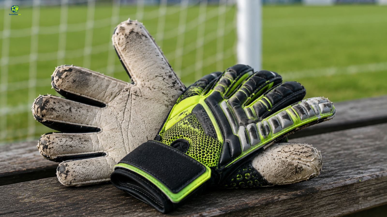 Close-up of worn, well-used youth goalie gloves with visible palm wear resting on a wooden bench,on an outdoor soccer field