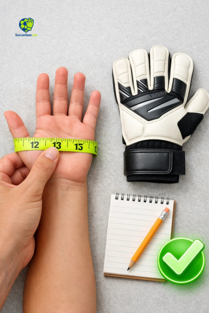 Current image: Youth goalie glove size chart for kids by age and hand measurement