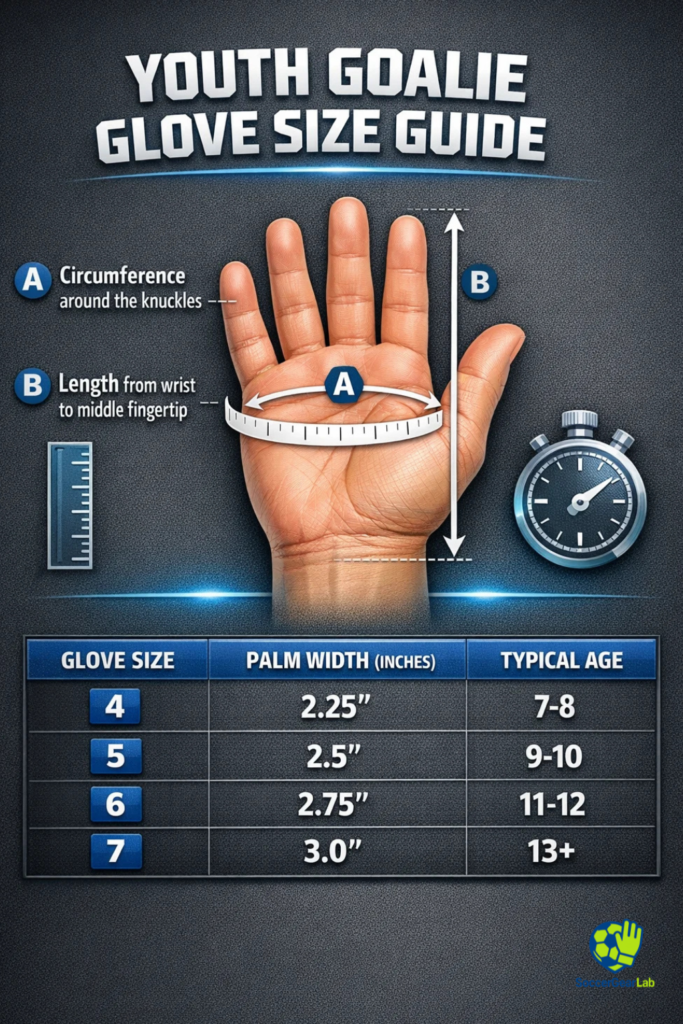 Youth goalie glove size chart for kids by age and hand measurement