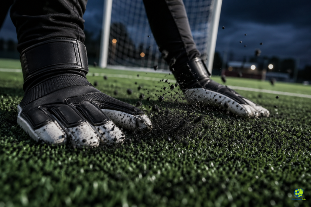 Current image: youth goalie gloves in action on turf showing grip and control
