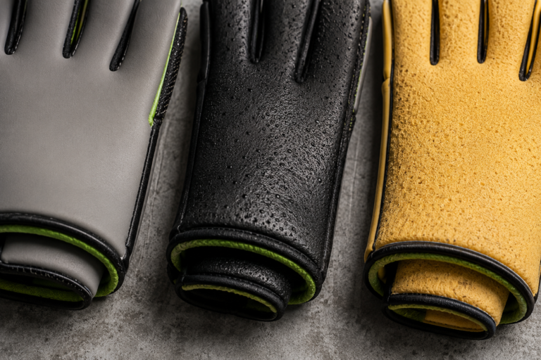 An ultra-close-up photo comparing three generic, unbranded youth goalie gloves palms side-by-side, detailing the differences between smooth training latex, textured aqua latex, and porous supreme grip latex for soccer.