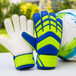 youth goalie gloves next to a soccer ball