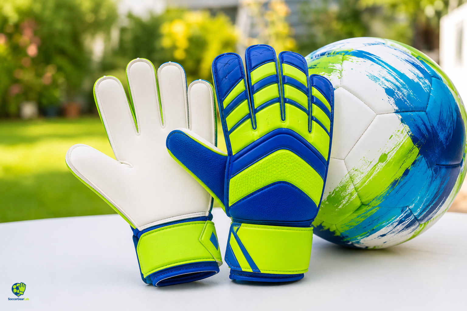 youth goalie gloves next to a soccer ball