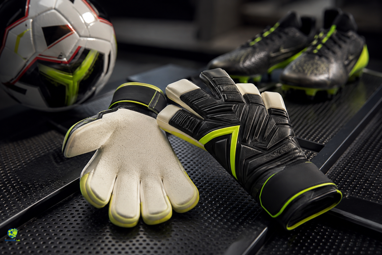 youth goalie gloves in carbon black and volt yellow with 4mm latex palm displayed beside a soccer ball and cleats in a professional studio gear review setup