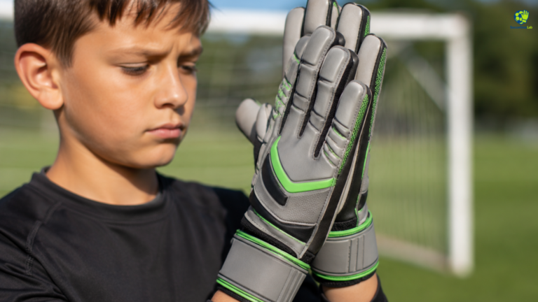 Close-up of a youth goalkeeper checking the fit of generic grey and green youth goalie gloves on a grassy soccer field, showing proper finger extension and palm connection