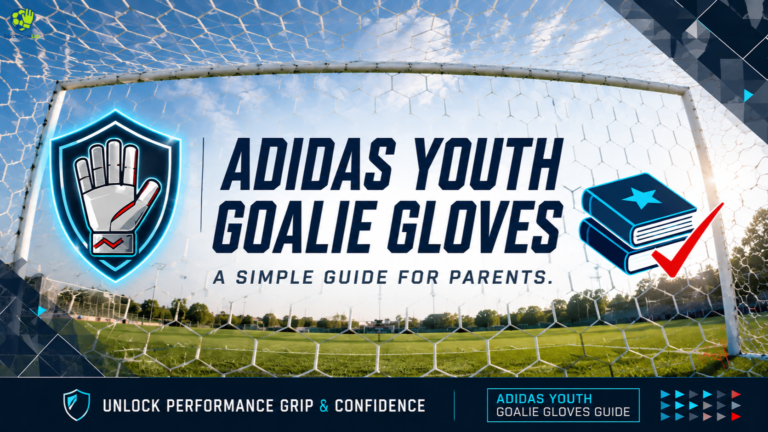A professional sports banner viewed through a white soccer goal net on a green field, featuring the title "Adidas Youth Goalie Gloves: A Simple Guide for Parents" next to a protective shield icon and book icons.