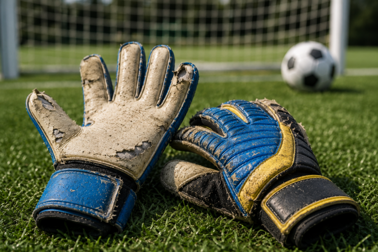 Close-up photograph of worn and torn generic youth goalie gloves showing damage on the palms resting on artificial turf.