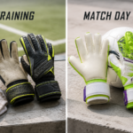 Side-by-side comparison image featuring durable, textured unbranded grey youth goalie gloves for training next to clean, high-grip bright green goalkeeper gloves for match day in 2026.
