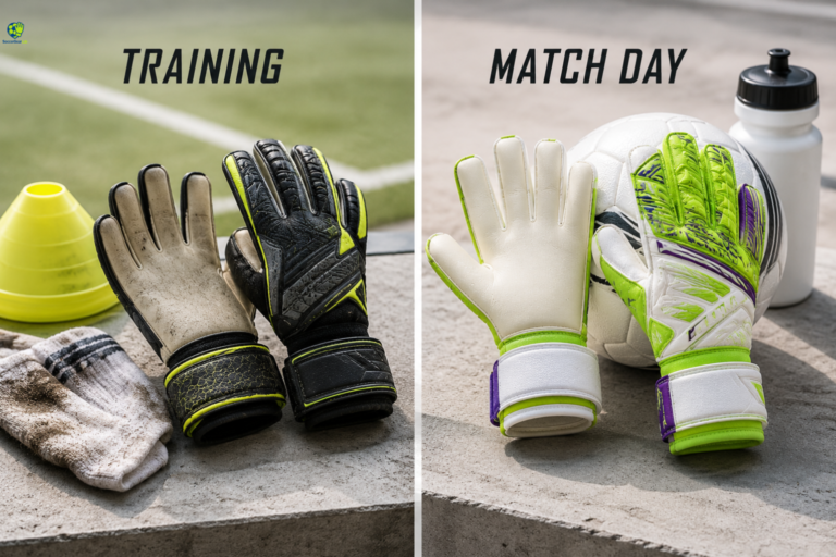 Side-by-side comparison image featuring durable, textured unbranded grey youth goalie gloves for training next to clean, high-grip bright green goalkeeper gloves for match day in 2026.