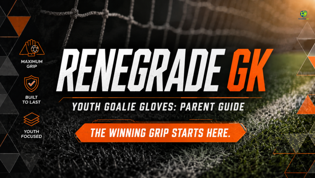 Current image: Athletic banner design for a soccer brand guide with charcoal grey, orange, and white color blocking. Text reads: RENEGRADE GK. YOUTH GOALIE GLOVES: PARENT GUIDE. THE WINNING GRIP STARTS HERE