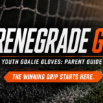 Athletic banner design for a soccer brand guide with charcoal grey, orange, and white color blocking. Text reads: RENEGRADE GK. YOUTH GOALIE GLOVES: PARENT GUIDE. THE WINNING GRIP STARTS HERE