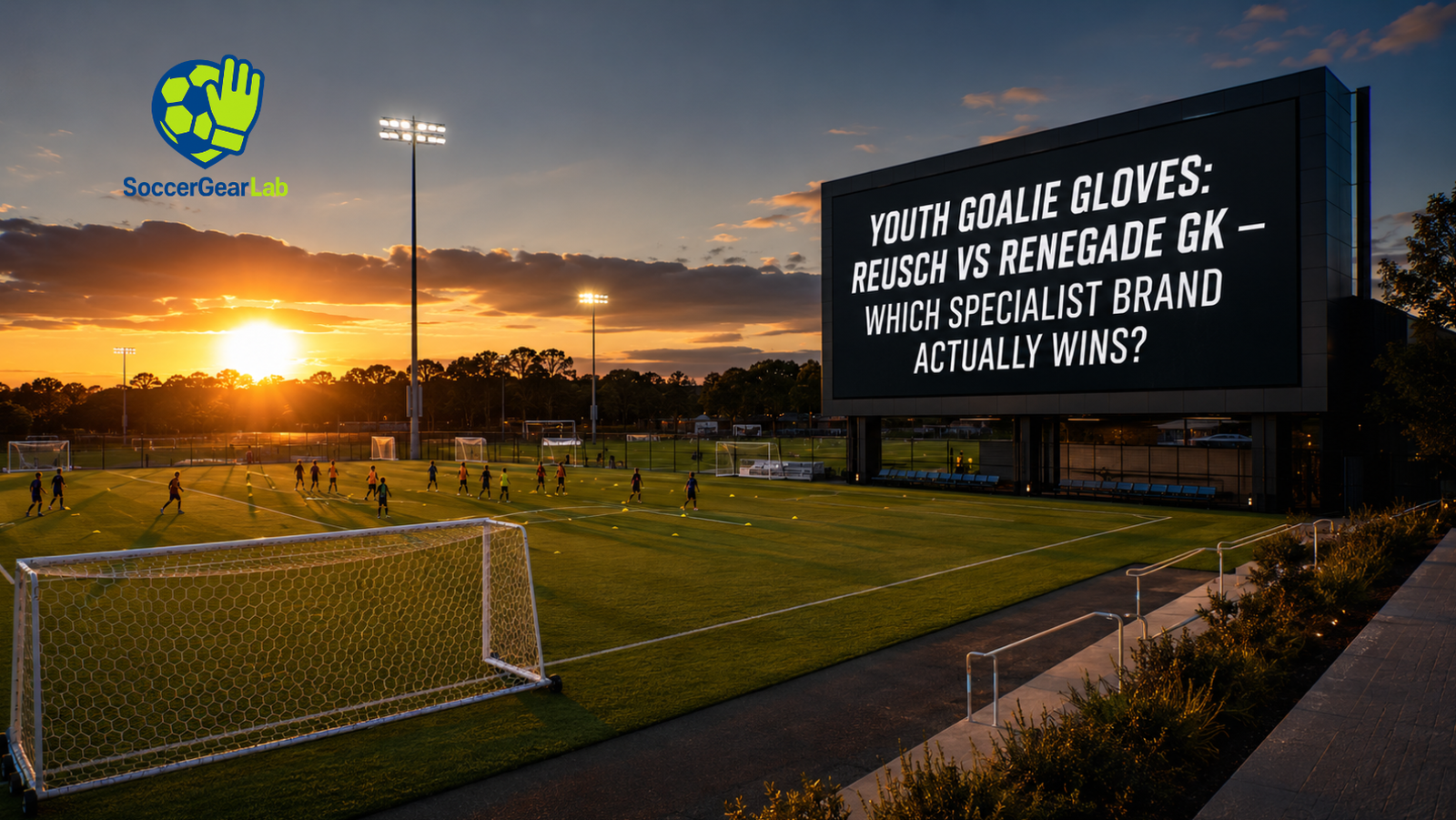 Current image: A wide-angle panoramic banner photograph of a high-end soccer complex at sunset, with a stadium scoreboard displaying the title "Youth Goalie Gloves: Reusch vs Renegade GK —