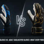 A side-by-side technical comparison of a youth goalie glove and a professional adult goalkeeper glove, illustrating key differences in construction, wrist support, and palm thickness.