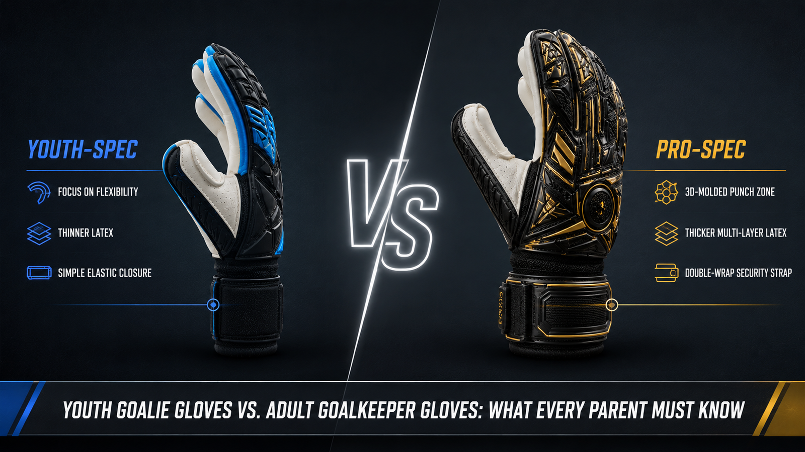 A side-by-side technical comparison of a youth goalie glove and a professional adult goalkeeper glove, illustrating key differences in construction, wrist support, and palm thickness.