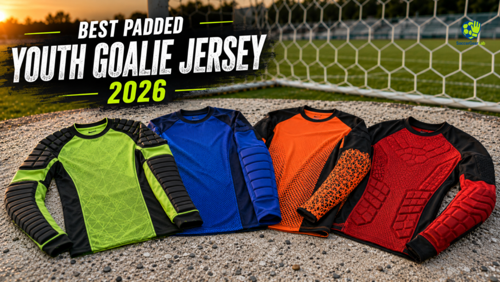 Current image: A curated flat-lay display of four distinct, unbranded youth goalie jerseys with various padding technologies, presented on a weathered soccer pitch background for a 2026 buying guide.