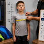 A helpful visual guide for parents, showing an adult measuring a young boy's chest with a tape measure in a locker room, alongside a clear size chart and folded youth goalie jerseys, illustrating how to select the correct protective gear size.