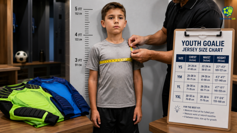 A helpful visual guide for parents, showing an adult measuring a young boy's chest with a tape measure in a locker room, alongside a clear size chart and folded youth goalie jerseys, illustrating how to select the correct protective gear size.