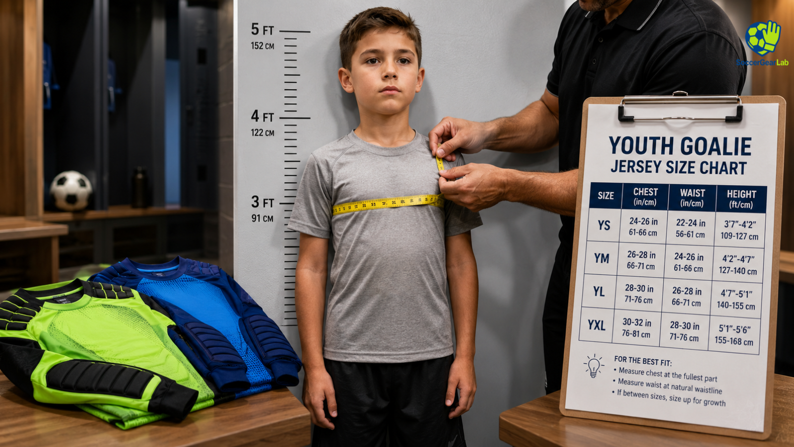 A helpful visual guide for parents, showing an adult measuring a young boy's chest with a tape measure in a locker room, alongside a clear size chart and folded youth goalie jerseys, illustrating how to select the correct protective gear size.