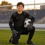 A confident young goalkeeper wearing a protective long-sleeve youth goalie jersey on a soccer pitch at sunset, illustrating the professional look and safety of the gear.