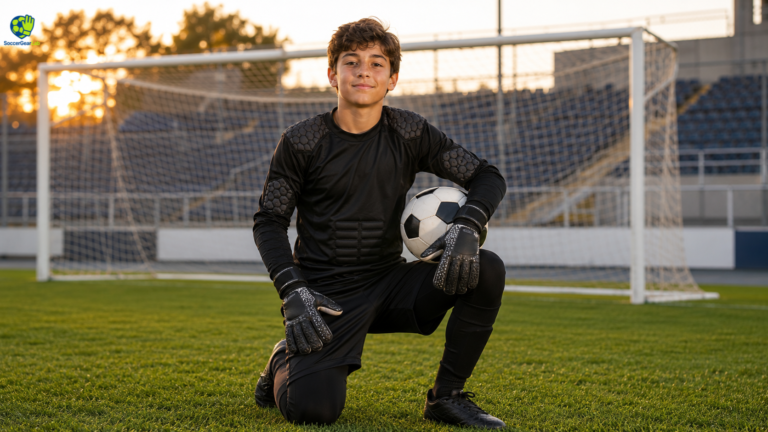 A confident young goalkeeper wearing a protective long-sleeve youth goalie jersey on a soccer pitch at sunset, illustrating the professional look and safety of the gear.