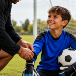 A young beginner goalkeeper smiling on a community soccer field while wearing a properly fitted, padded long-sleeve youth goalie jersey and gloves, with a coach helping him prepare for his first game.