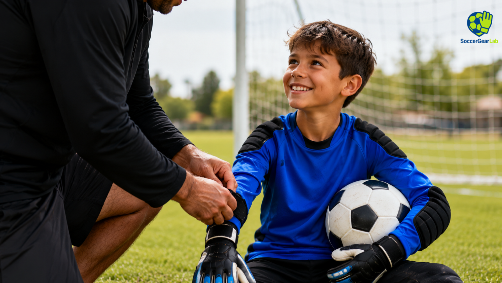 A young beginner goalkeeper smiling on a community soccer field while wearing a properly fitted, padded long-sleeve youth goalie jersey and gloves, with a coach helping him prepare for his first game.
