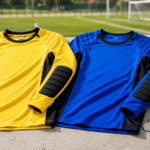 A clean flat-lay display of affordable, padded youth goalie jerseys featuring integrated elbow protection, presented on a bright soccer field background for a 2026 budget buying guide.