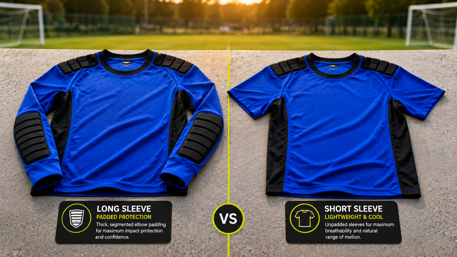 A side-by-side comparison display of a long-sleeve padded youth goalie jersey versus a short-sleeve version on a soccer field background, illustrating a 2026 gear buying guide.