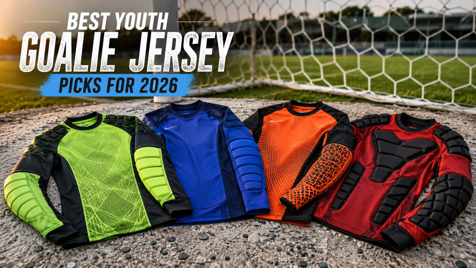 A curated flat-lay display of four distinct, unbranded youth goalie jerseys featuring various padding technologies, presented on a weathered soccer pitch background for a 2026 buying guide.