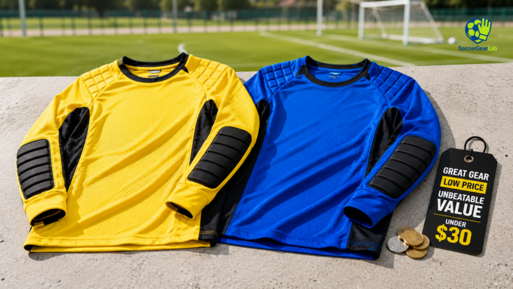 Current image: A clean flat-lay display of affordable, padded youth goalie jerseys featuring integrated elbow protection, presented on a bright soccer field background for a 2026 budget buying guide.