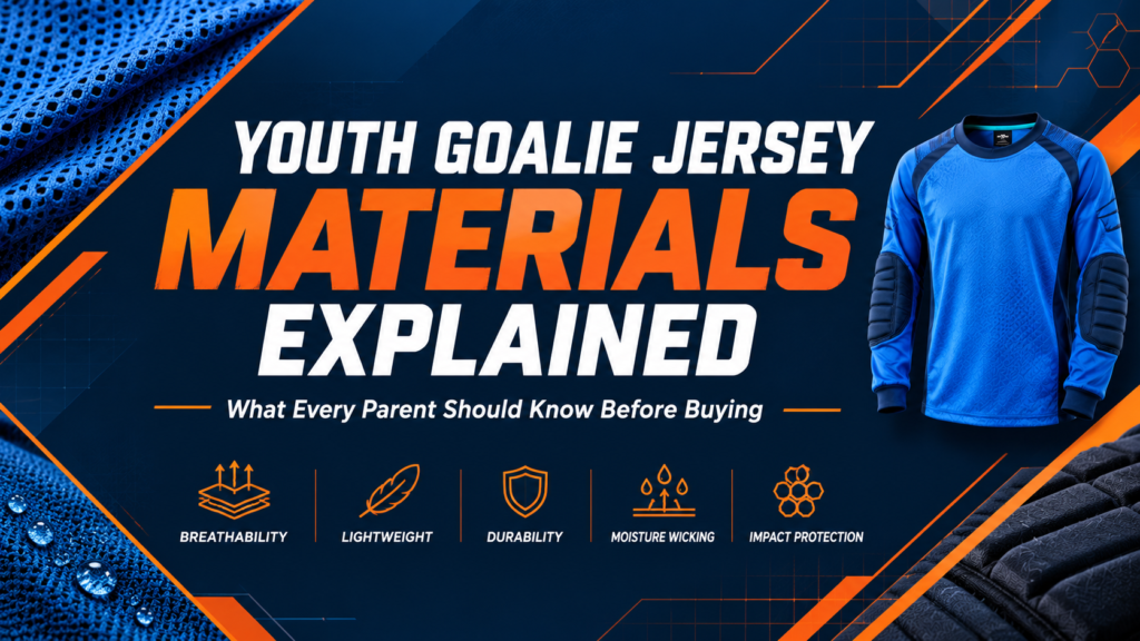 Current image: A professional text banner graphic for a 2026 gear guide article titled "Youth Goalie Jersey Materials Explained: What Every Parent Should Actually Know Before Buying."