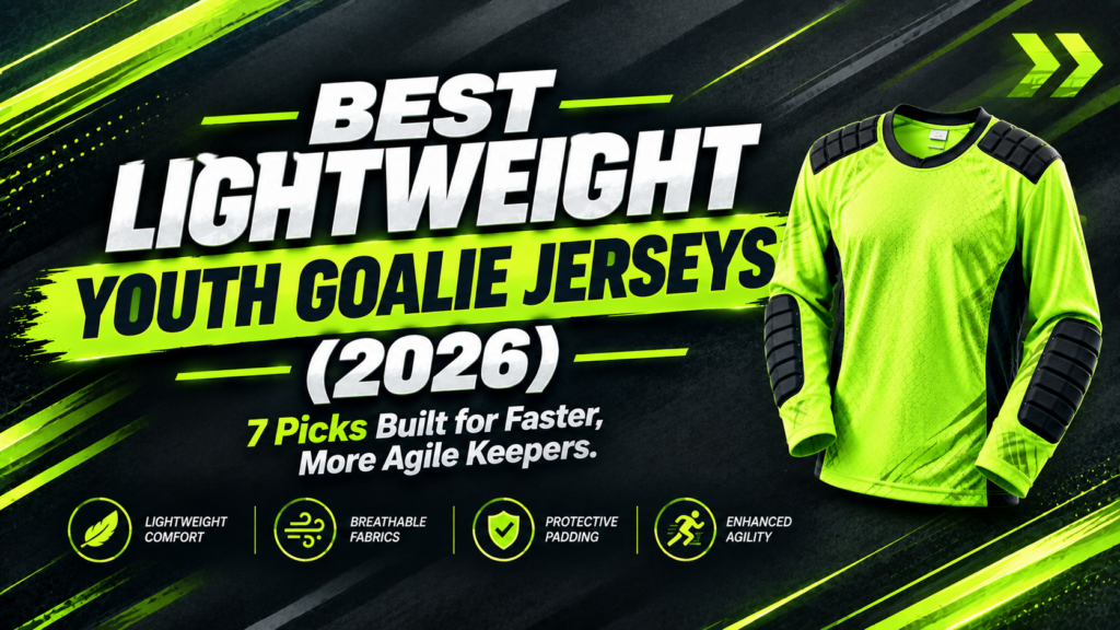Current image: A professional text banner graphic for a 2026 gear review article titled "Best Lightweight Youth Goalie Jersey for Movement: 7 Picks Built for Faster Keepers."