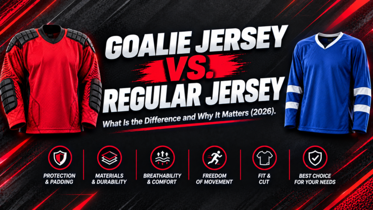 A professional text banner graphic for a 2026 gear comparison article titled "Youth Goalie Jersey vs Regular Soccer Jersey: What Is the Difference and Why It Matters.