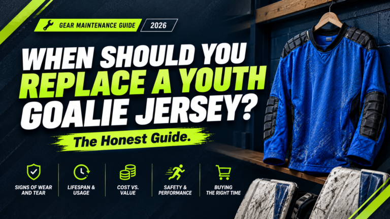 A professional text banner graphic for a 2026 gear maintenance guide article titled "When Should You Replace a Youth Goalie Jersey? The Honest Guide."