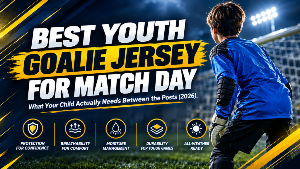 Current image: A professional text banner graphic for a 2026 gear guide article titled "Best Youth Goalie Jersey for Match Day: What Your Child Actually Needs Between the Posts."