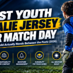 A professional text banner graphic for a 2026 gear guide article titled "Best Youth Goalie Jersey for Match Day: What Your Child Actually Needs Between the Posts."